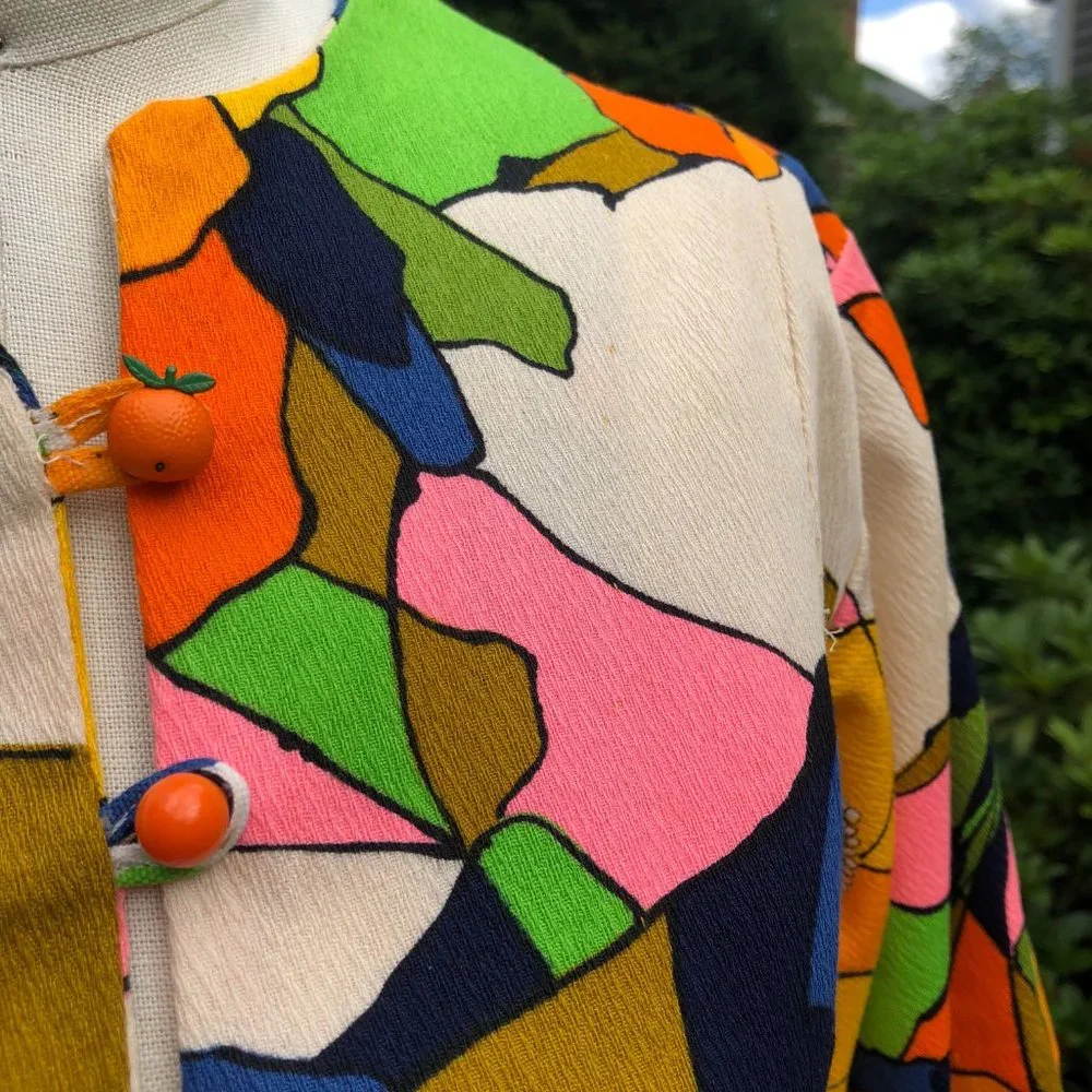 Vintage 60s/70s Psychedelic Floral Citrus Fruit Flower Power Hostess Maxi Dress - Picture 7 of 16